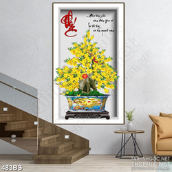 Tranh chậu bonsai mai vàng khoe sắc mừng xuân dán tường in 8d