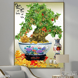 Tranh chậu bonsai in gạch men cây sung sai quả bên Phật Di Lặc