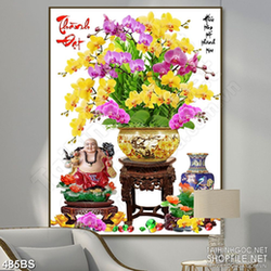 Tranh chậu bonsai phong thủy hoa phong lan bên Phật Di Lặc