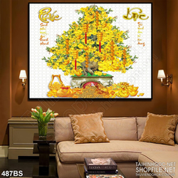 Tranh chậu bonsai mai vàng mừng xuân bên chữ Phúc Lộc in lụa
