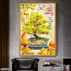 Tranh chậu bonsai mai vàng đón tết bên cá chép vàng in psd
