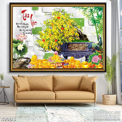 Tranh chậu bonsai in 5d mai vàng và chữ Tài Lộc bên núi kim tiền