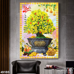 Tranh chậu bonsai mai vàng khoe sắc bên sen trắng in nghệ thuật