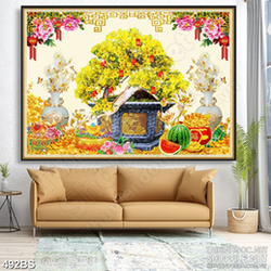 Tranh chậu bonsai in uv mai vàng bên hoa kim tiền treo tường