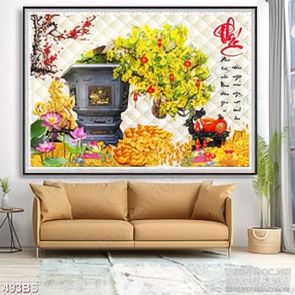 Tranh chậu bonsai mai vàng bên tượng ngựa đúc vàng trang trí