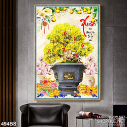 Tranh chậu bonsai in 3d mai vàng nở rộ khoe sắc bên núi kim tiền