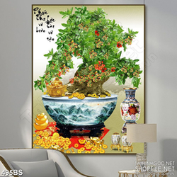 Tranh chậu bonsai cây sung trĩu quả bên Phật Di Lặc wall 3d