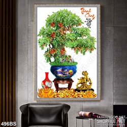 Tranh chậu bonsai in 8d cây sung sai quả bên tượng cừu đúc vàng