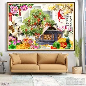 Tranh chậu bonsai cây sung đơm trái và đôi hạc trắng in gạch men