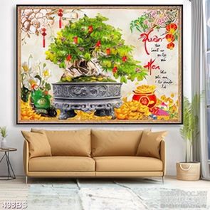 Tranh chậu bonsai phong thủy cây khế sai quả và bông sen trắng