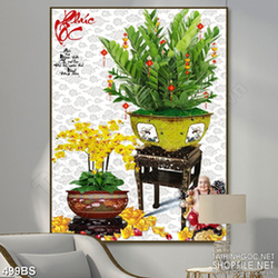 Tranh chậu bonsai decor hoa phong lan vàng đón xuân treo tường