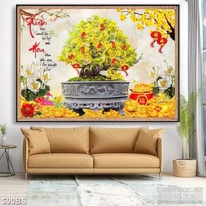 Tranh chậu bonsai in lụa mai vàng và sen trắng bên núi kim tiền