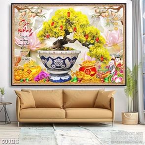 Tranh chậu bonsai mai vàng chúc tết và tiểu linh đồng in canvas