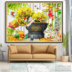 Tranh chậu bonsai in psd mai vàng mừng xuân bên dưa hấu đỏ