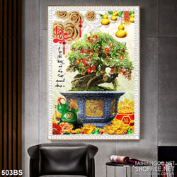 Tranh chậu bonsai cây sung trĩu quả và chữ Lộc dán tường in 5d