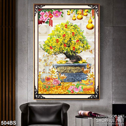 Tranh chậu bonsai in nghệ thuật mai vàng khoe sắc bên hồ sen