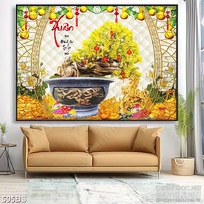 Tranh chậu bonsai mai vàng chúc tết và tượng vàng đúc ngựa in uv