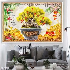 Tranh chậu bonsai mai vàng bên núi kim tiền treo tường trang trí