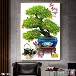 Tranh chậu bonsai in 3d cây khế đơm trái và hai chữ Quê Hương