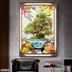 Tranh chậu bonsai cây sung trĩu quả bên cá chép đón tết wall 3d