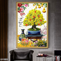 Tranh chậu bonsai phong thủy mai vàng và chữ Lộc bên cá chép