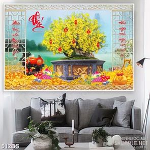 Tranh chậu bonsai decor mai vàng và chữ Phúc bên núi kim tiền