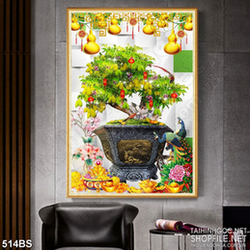 Tranh chậu bonsai in canvas cây khế bên đôi chim công chúc tết