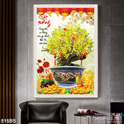 Tranh chậu bonsai psd mai vàng bên con tàu căng buồm đúc vàng