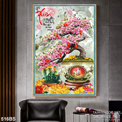 Tranh chậu bonsai in 5d hoa đào khoe sắc bên hồ sen giả ngọc