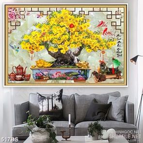 Tranh chậu bonsai mai vàng phú quý và kì lân giả ngọc nghệ thuật Tranh chậu bonsai mai vàng phú quý và kì lân giả ngọc nghệ thuật