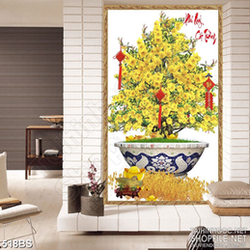 Tranh chậu bonsai in uv mai vàng bên chữ Phú Qúy Cát Tường