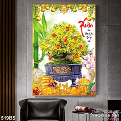 Tranh chậu bonsai trang trí mai vàng bên núi kim tiền đón tết
