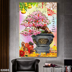 Tranh chậu bonsai in 3d hoa đào nở rộ bên chữ Lộc dán tường