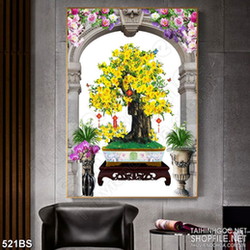 Tranh chậu bonsai mai vàng nở rộ khoe sắc đón xuân sang wall 3d