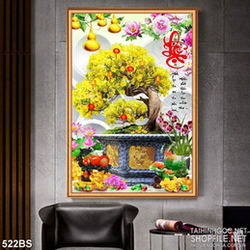 Tranh chậu bonsai in 8d mai vàng bên kì lân giả ngọc treo tường
