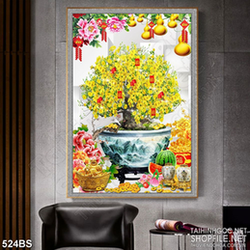 Tranh chậu bonsai mai vàng phong thủy bên dưa hấu đỏ đón tết