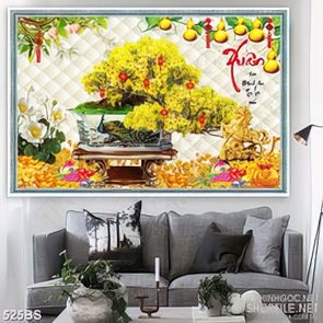 Tranh chậu bonsai decor mai vàng bên bông sen trắng khoe sắc