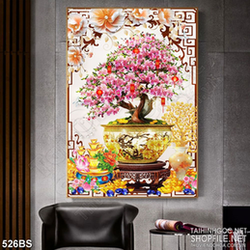 Tranh chậu bonsai in lụa hoa đào khoe sắc bên cây kim tiền
