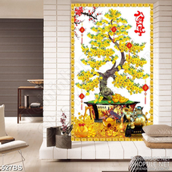 Tranh chậu bonsai mai vàng bên chú tượng đúc đồng in canvas