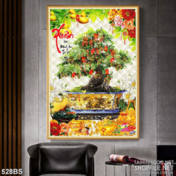 Tranh chậu bonsai psd cây sung trĩu quả bên bông hoa sen trắng