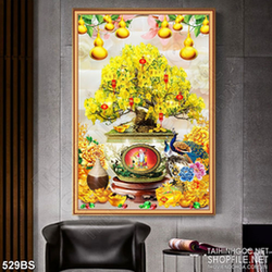 Tranh chậu bonsai in 5d mai vàng bên đôi chim công dán tường