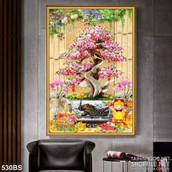 Tranh chậu bonsai hoa đào nở rộ bên thần tài gõ cữa nghệ thuật