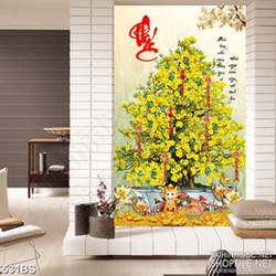 Tranh chậu bonsai in uv mai vàng khoe sắc bên chữ Phúc chúc tết