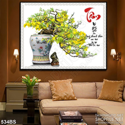 Tranh chậu bonsai wall 3d dán tường mai vàng bên chữ Tâm
