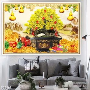 Tranh chậu bonsai in 8d mai vàng bên núi kim tiền dán tường