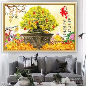 Tranh chậu bonsai mai vàng bên chữ Thọ mừng xuân in gạch men