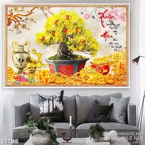 Tranh chậu bonsai phong thủy mai vàng bên tuần lộc đúc vàng