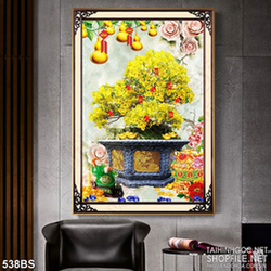 Tranh chậu bonsai decor mai vàng khoe sắc bên cá chép vàng