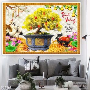 Tranh chậu bonsai mai vàng chúc tết bên đôi hạc trắng in lụa