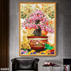 Tranh chậu bonsai in canvas hoa đào khoe sắc bên kì lân giả ngọc